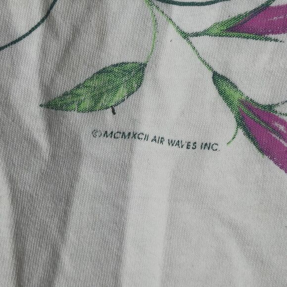 Vintage 1980s MCMXCII Bird Flower Shirt Size Large Made In USA Air Waves White - Picture 4 of 9